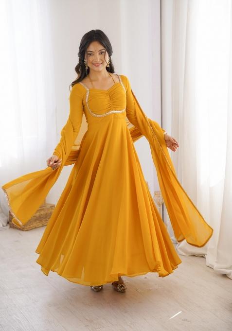 Yellow Sequins Georgette Gown With Dupatta