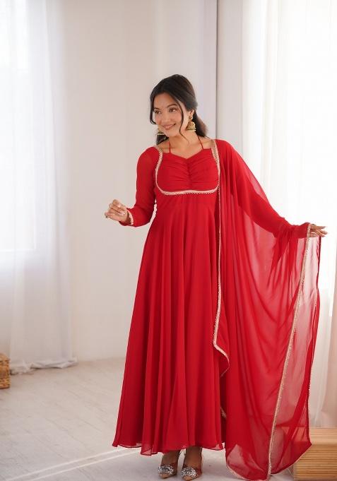 Red Sequins Georgette Gown With Dupatta