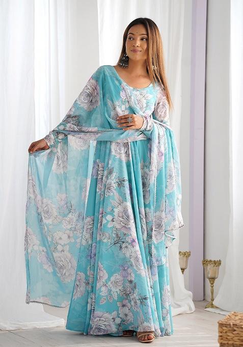 Sky Blue Sequins Georgette Gown With Dupatta