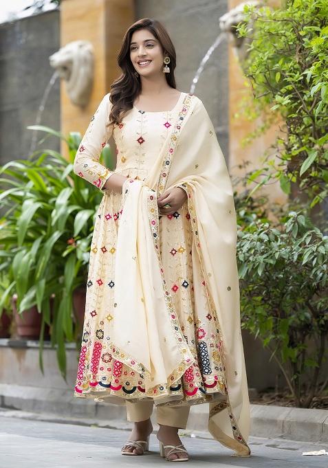 Cream Sequins Silk Kurta Set
