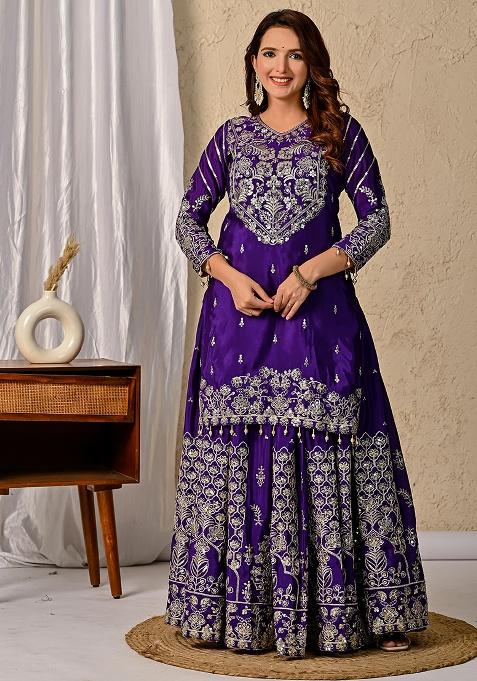 Purple Sequins Silk Kurta Set