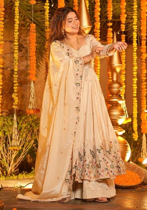 Cream Sequins Silk Kurta Set