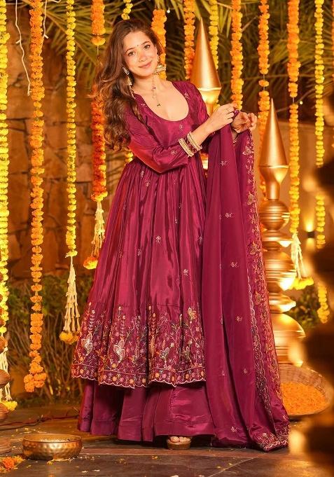 Maroon Sequins Silk Kurta Set