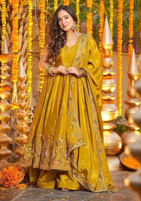 Mustard Sequins Silk Kurta Set