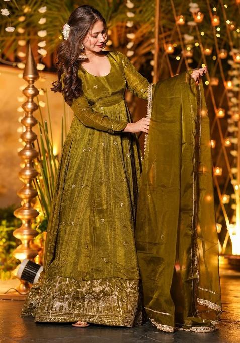 Green Sequins Silk Kurta Set