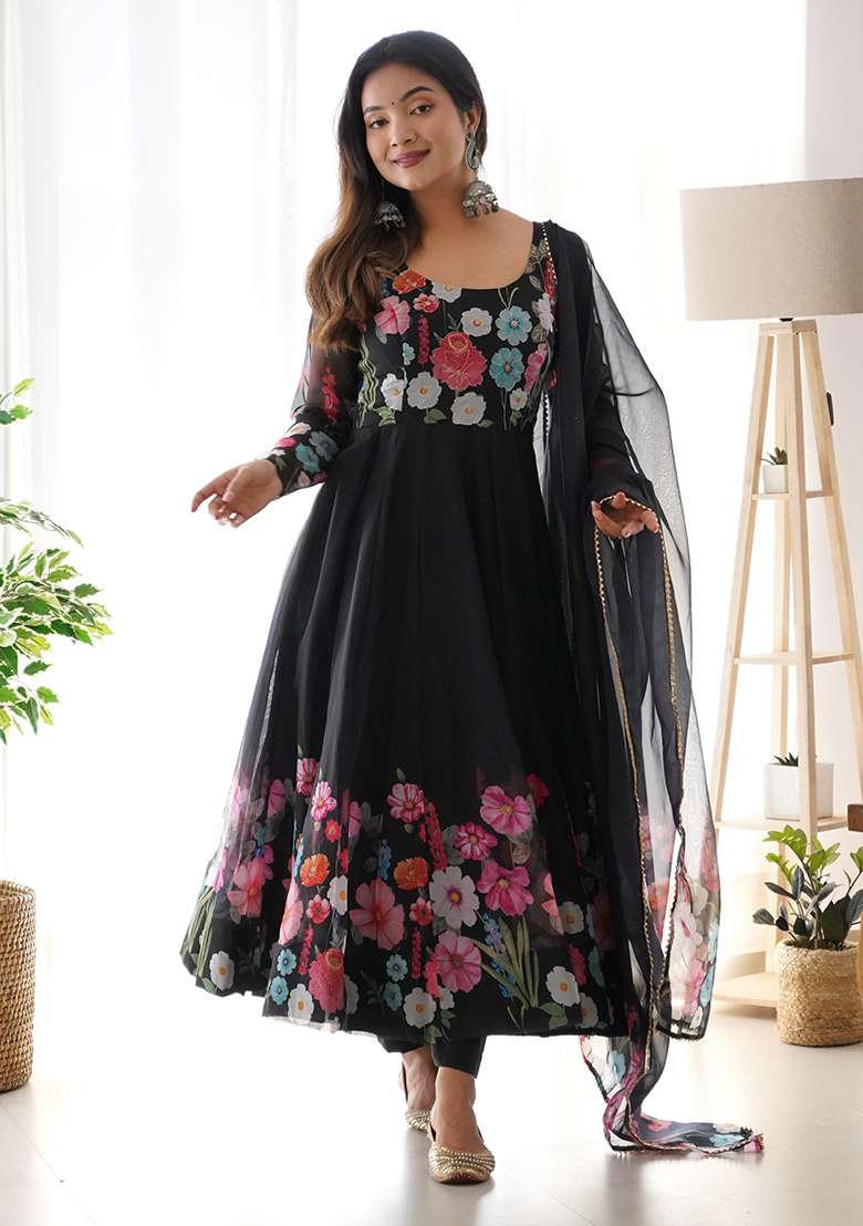 Black Sequins Organza Kurta Set - Indya