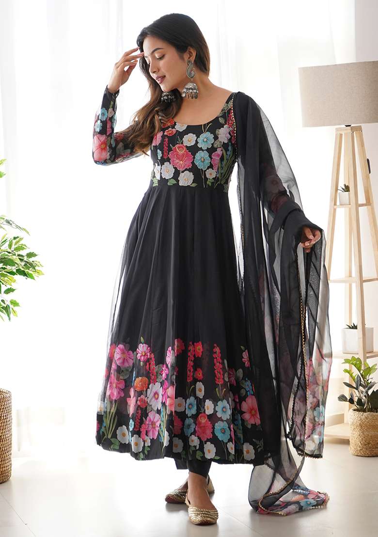Black Sequins Organza Kurta Set - Indya