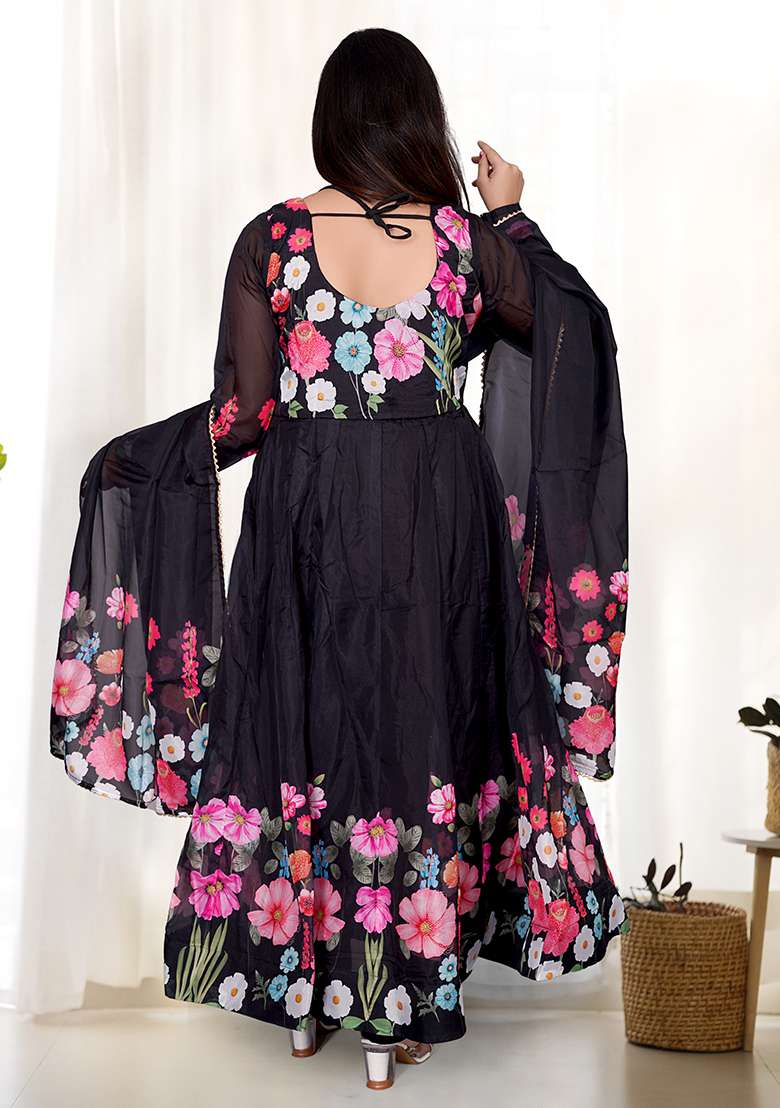 Black Sequins Organza Kurta Set - Indya