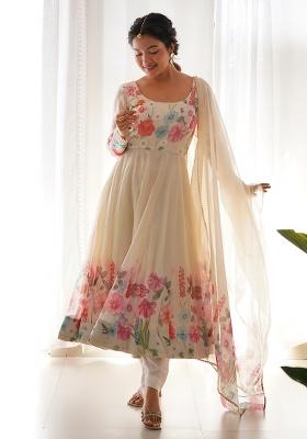 Cream Sequins Organza Kurta Set