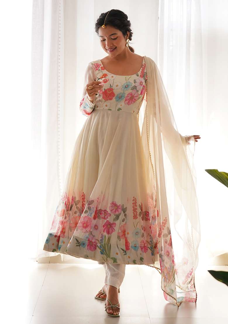 Cream Sequins Organza Kurta Set - Indya