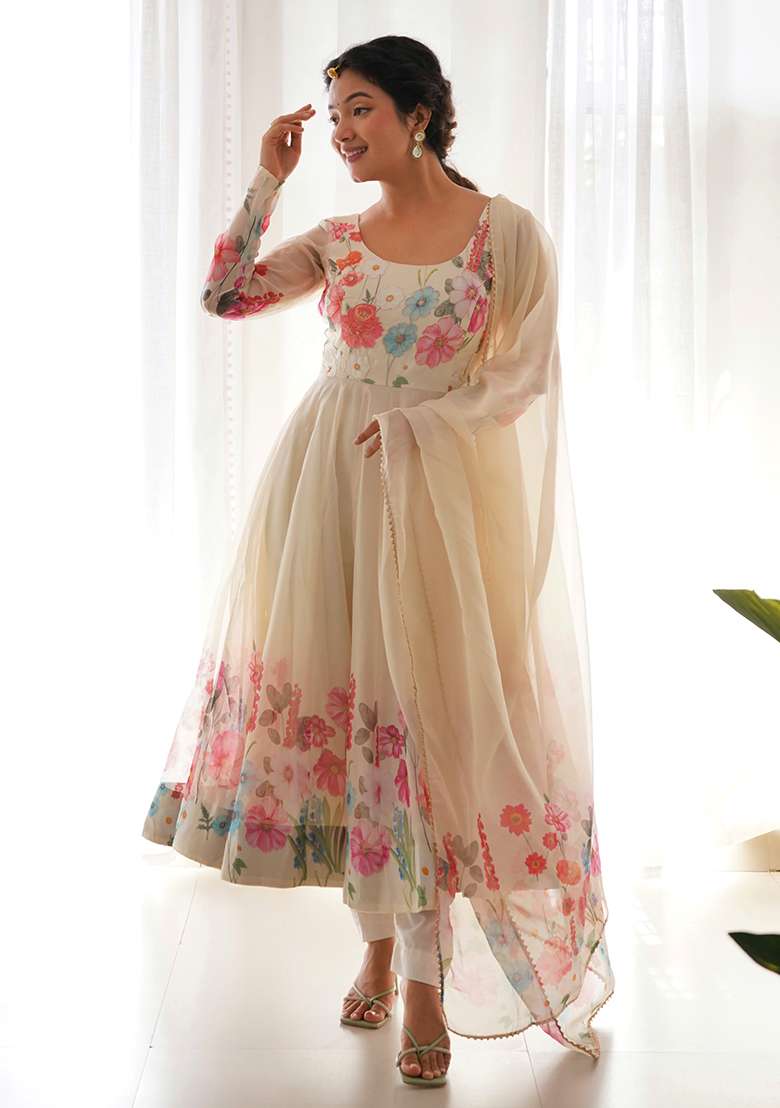 Cream Sequins Organza Kurta Set - Indya