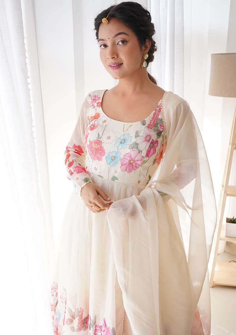 Cream Sequins Organza Kurta Set - Indya