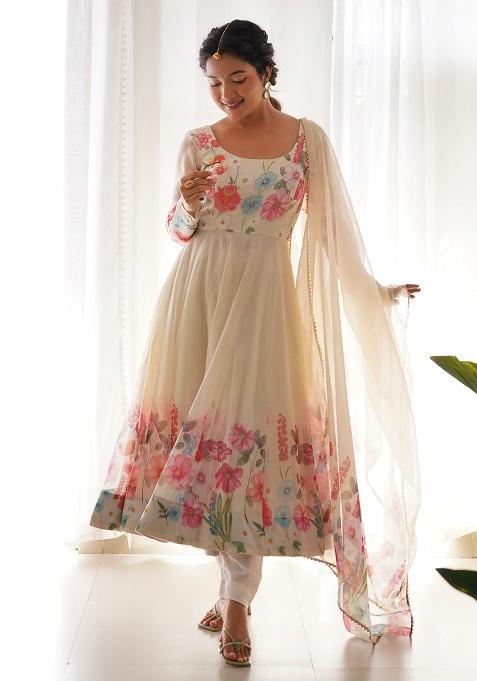 Cream Sequins Organza Kurta Set