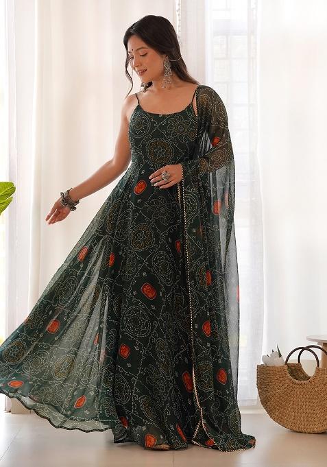 Bottle Green Sequins Chiffon Kurta Set