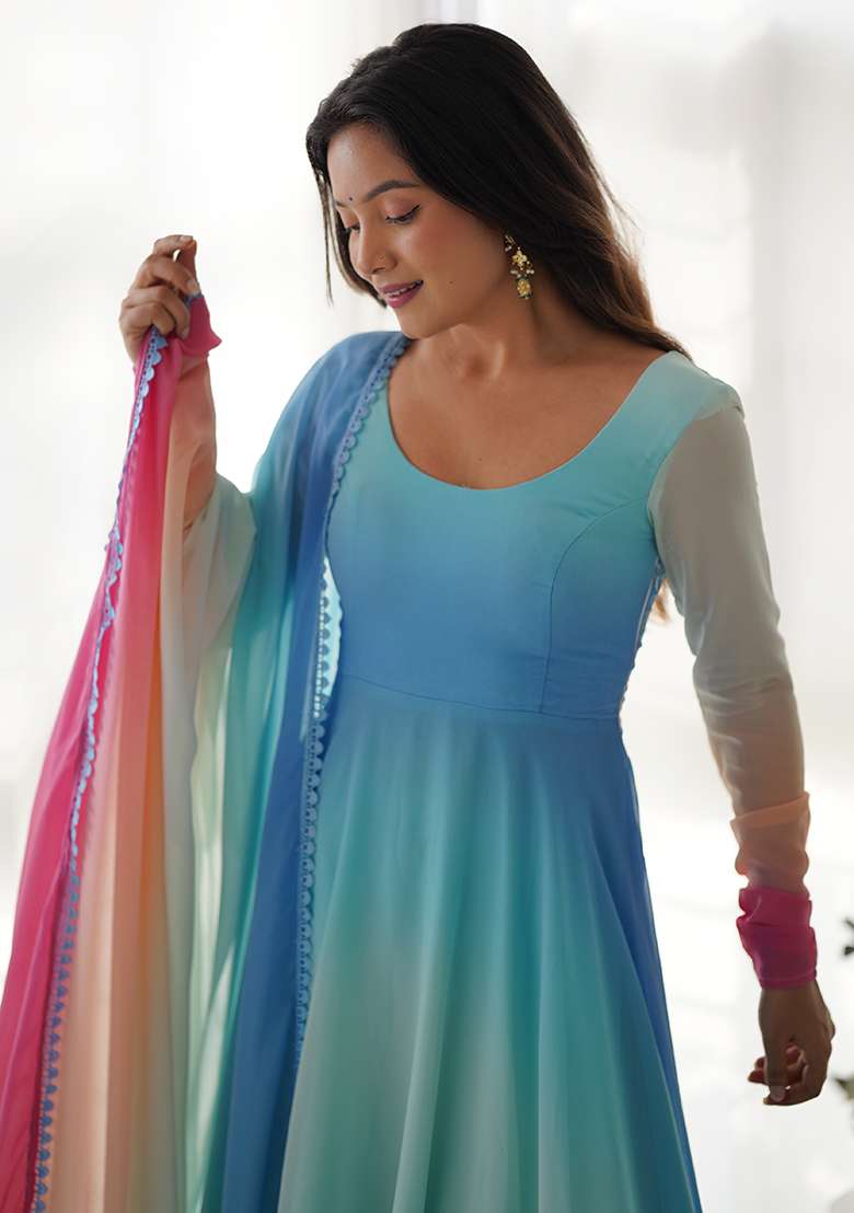 Sky Blue Sequins Georgette Kurta Set - Indya