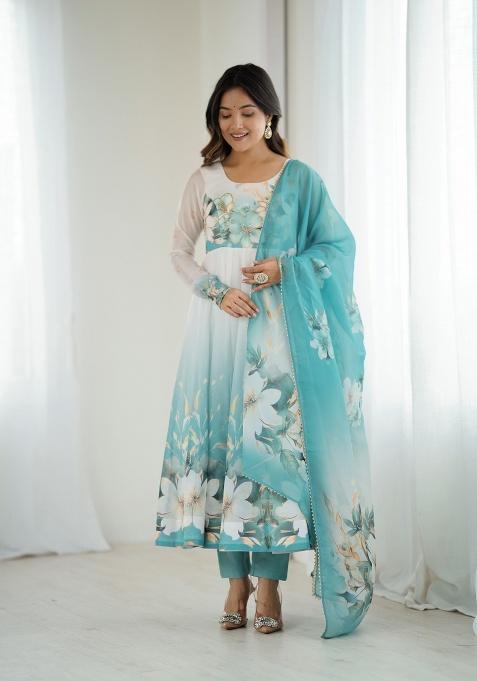 Aqua Blue Sequins Organza Kurta Set