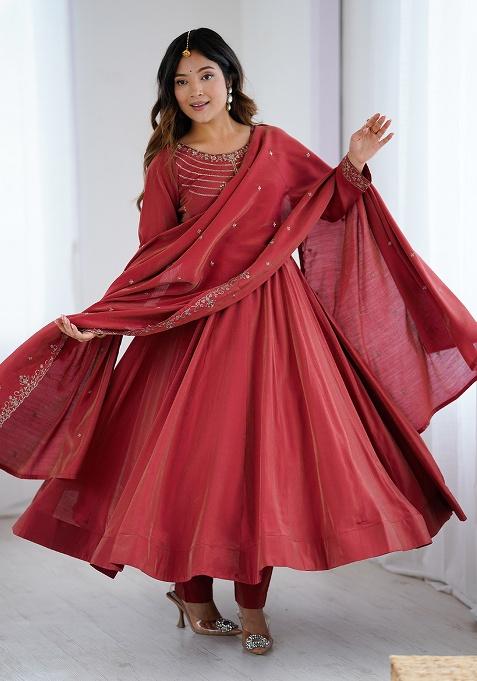 Maroon Sequins Chanderi Kurta Set
