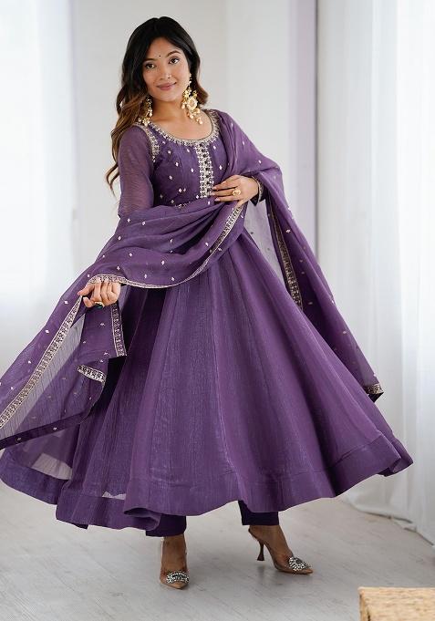 Purple Sequins Silk Kurta Set