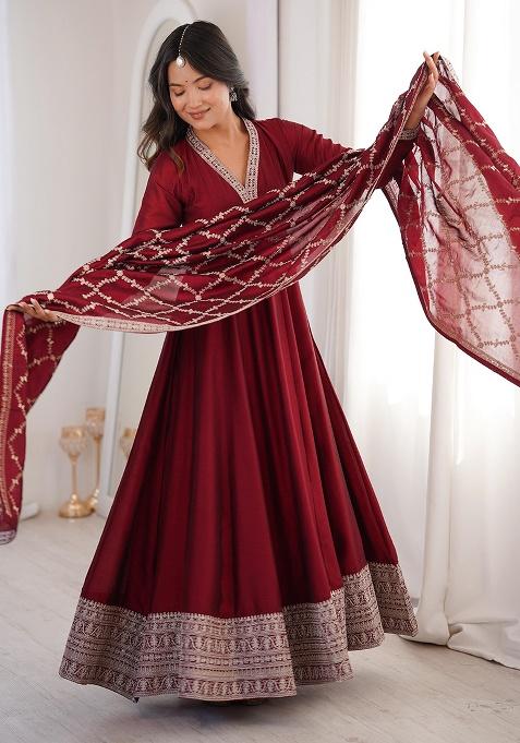 Red Sequins Silk Kurta Set