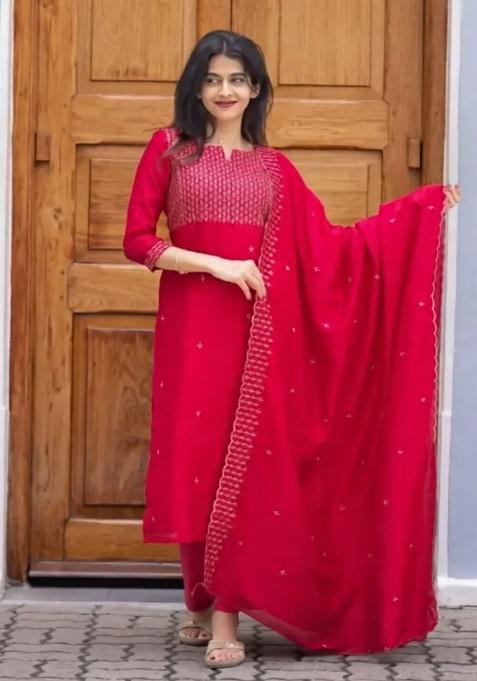Rani Pink Weaving Cotton Kurta Set