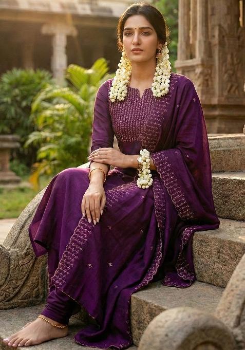 Wine Weaving Cotton Kurta Set