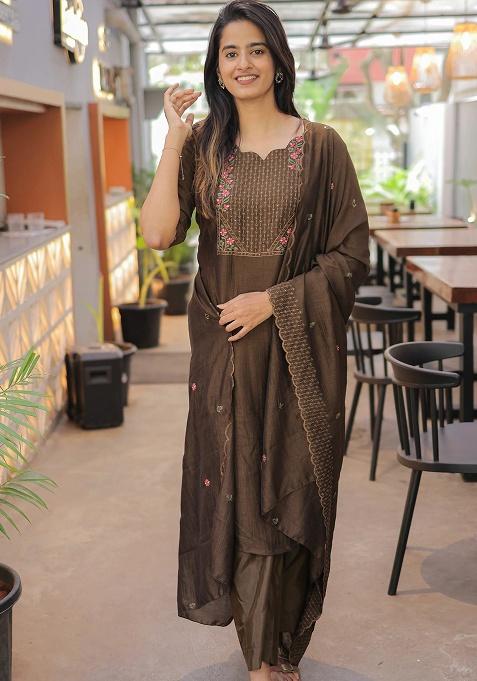 Brown Weaving Cotton Kurta Set
