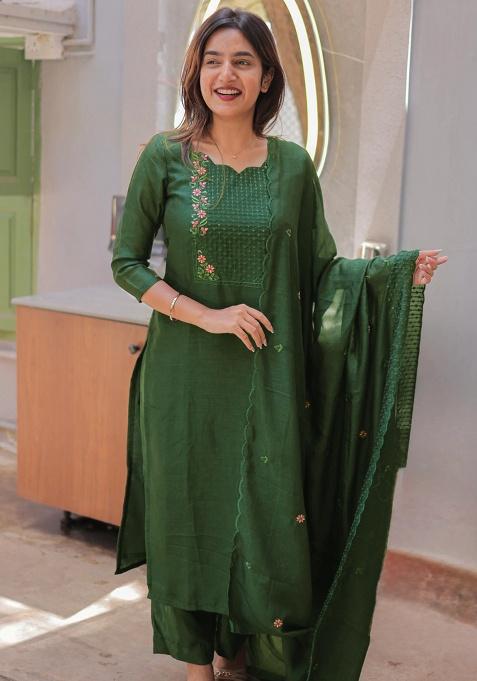 Green Weaving Cotton Kurta Set