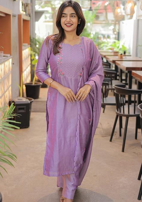 Lavender Weaving Cotton Kurta Set