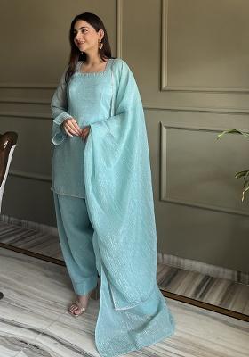 Teal Sequin Work Silk Straight Kurta Set