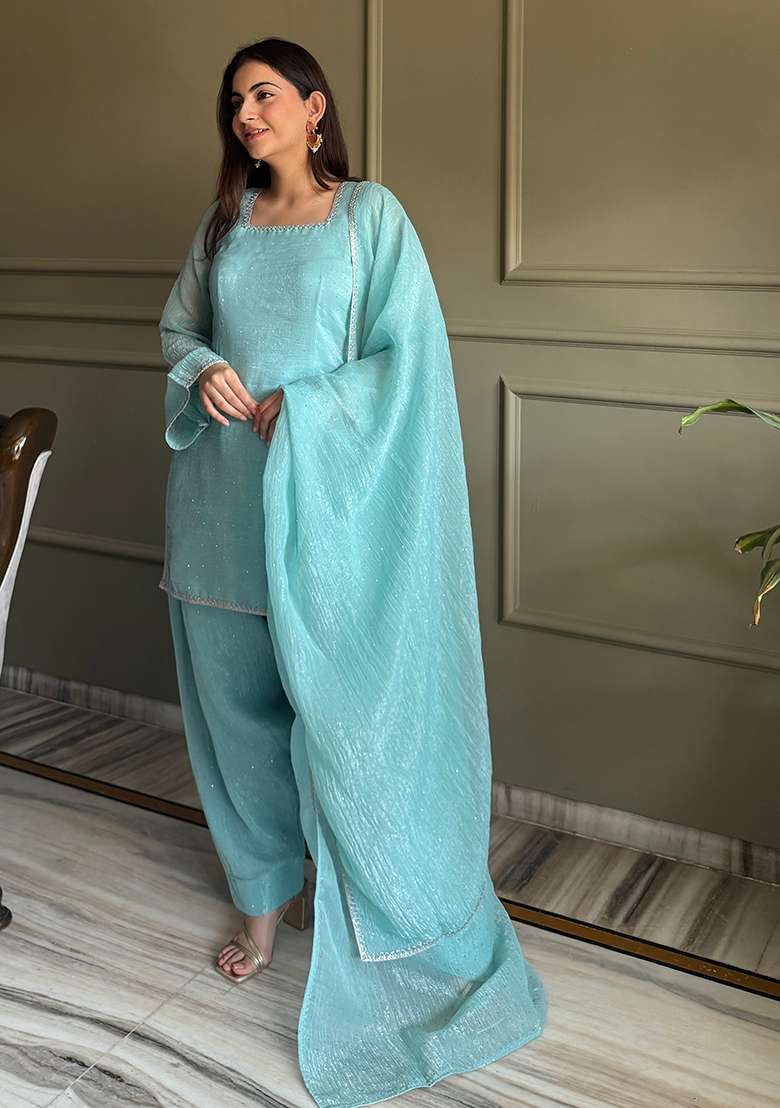 Teal Sequin Work Silk Blend Straight Kurta Set - Indya
