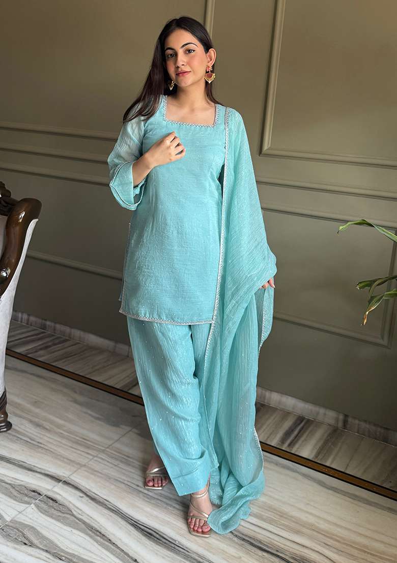 Teal Sequin Work Silk Blend Straight Kurta Set - Indya