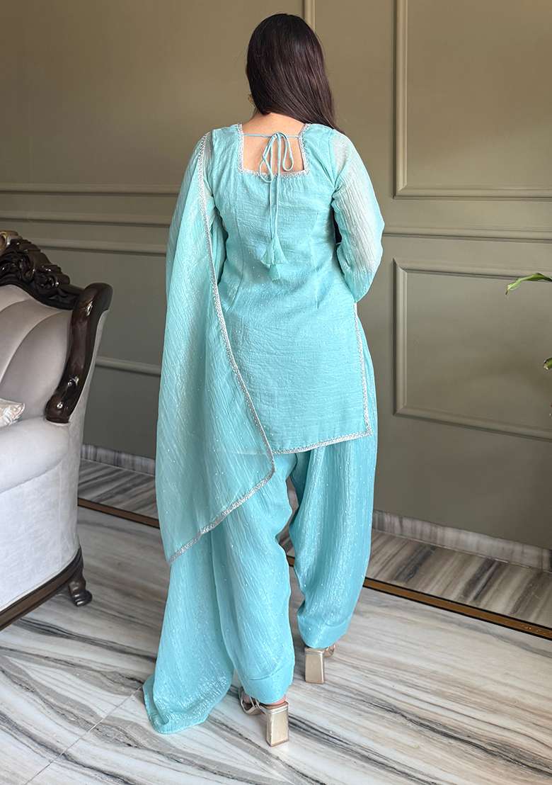 Teal Sequin Work Silk Blend Straight Kurta Set - Indya