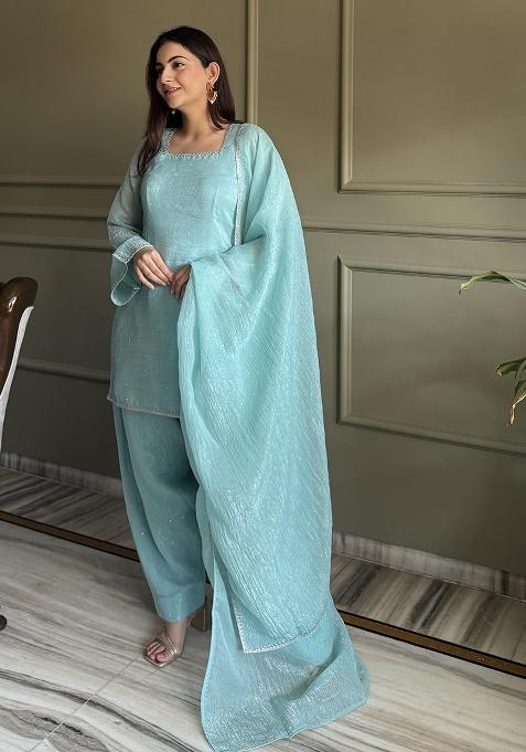 Teal Dimond Work Silk Salwar Kameez