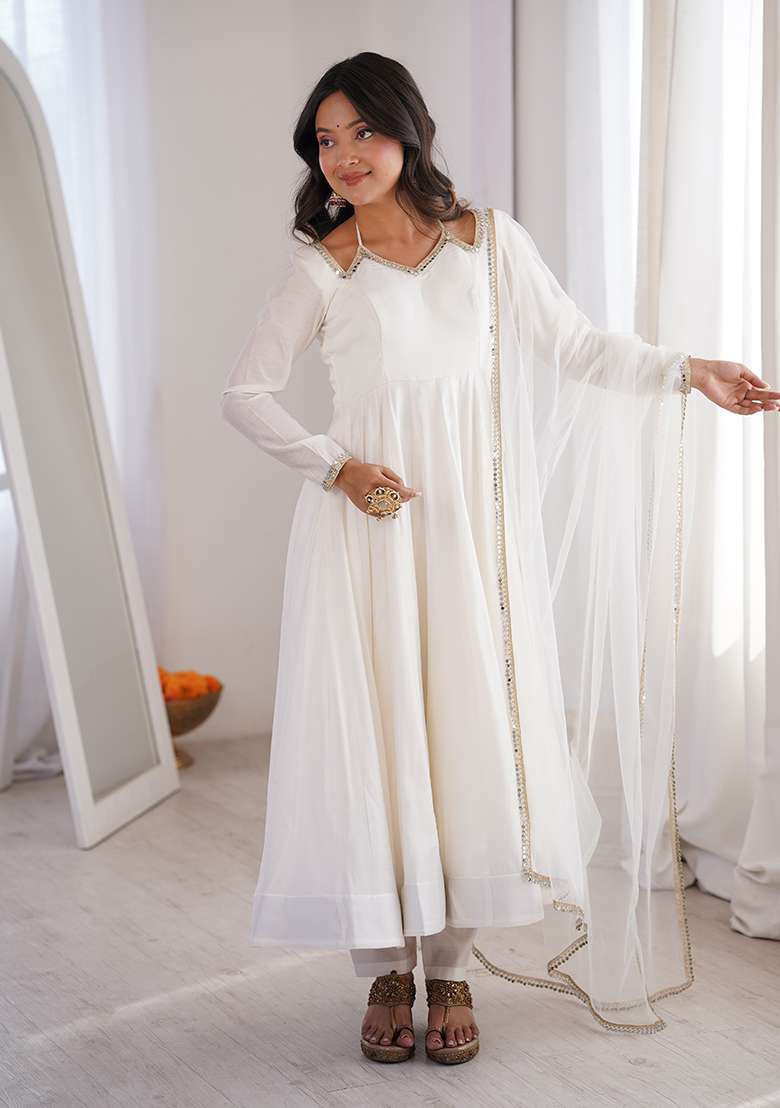 White Solid Chanderi Anarkali Set - Indya