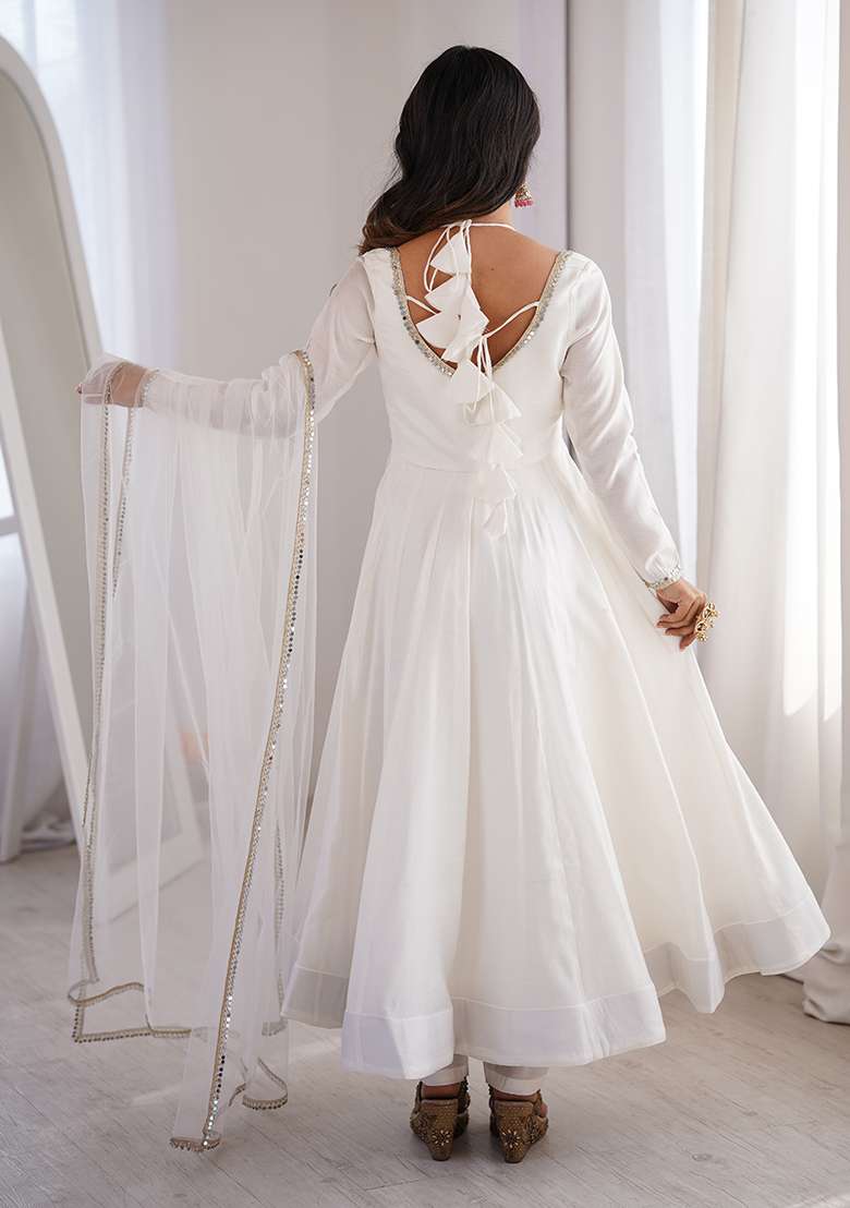 White Solid Chanderi Anarkali Set - Indya