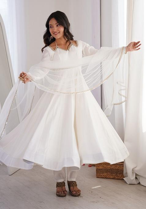 White Lace Work Chanderi Salwar Kameez