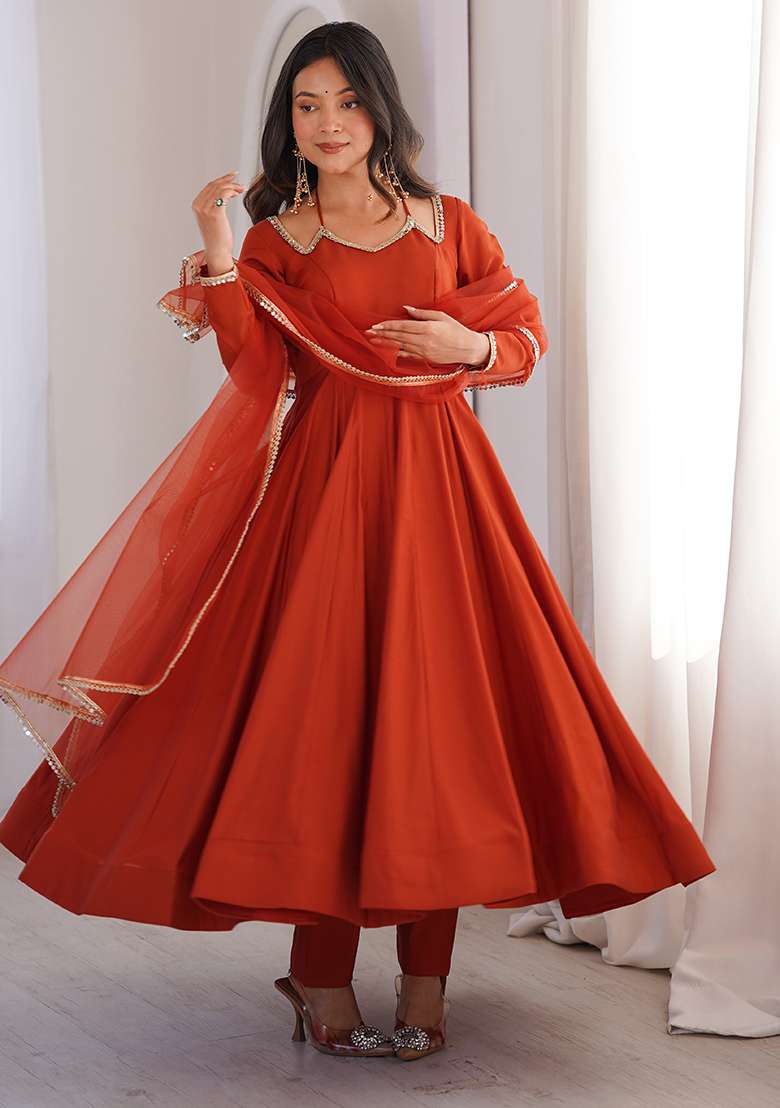Rust Solid Chanderi Anarkali Set - Indya