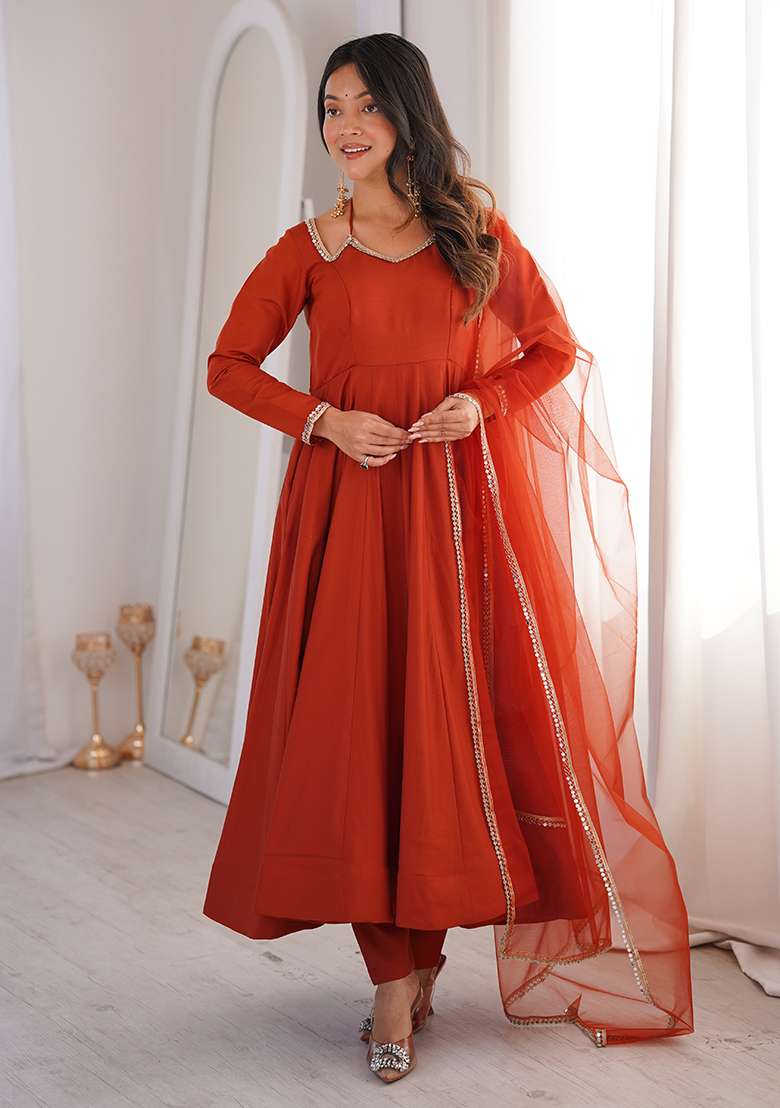 Rust Solid Chanderi Anarkali Set - Indya