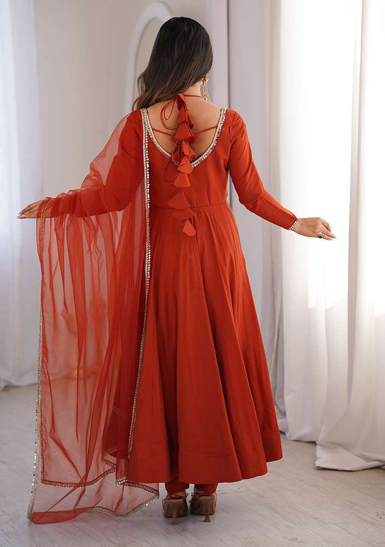 Rust Solid Chanderi Anarkali Set - Indya