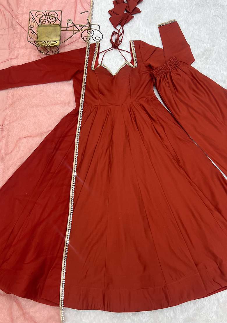 Rust Solid Chanderi Anarkali Set - Indya