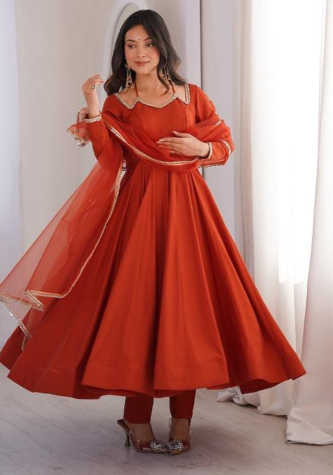 Rust Lace Work Chanderi Salwar Kameez