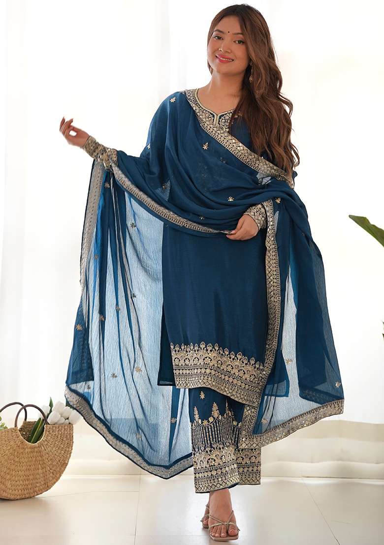 Teal Blue Embroidered Silk Blend Pakistani Suit Set - Indya