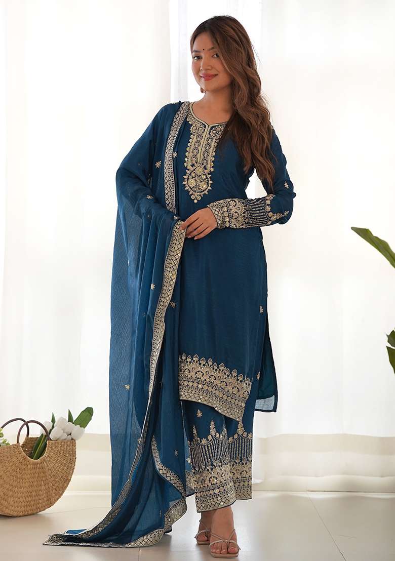 Teal Blue Embroidered Silk Blend Pakistani Suit Set - Indya