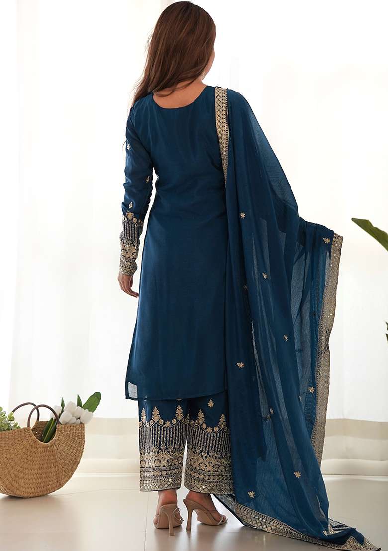 Teal Blue Embroidered Silk Blend Pakistani Suit Set - Indya