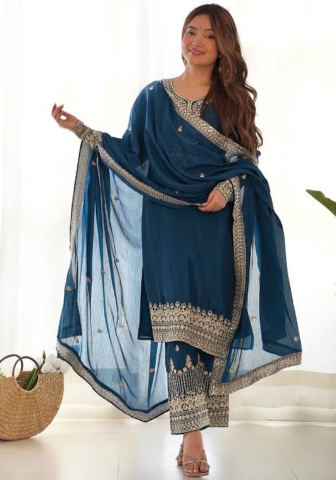 Teal Blue Embroidery Silk Salwar Kameez