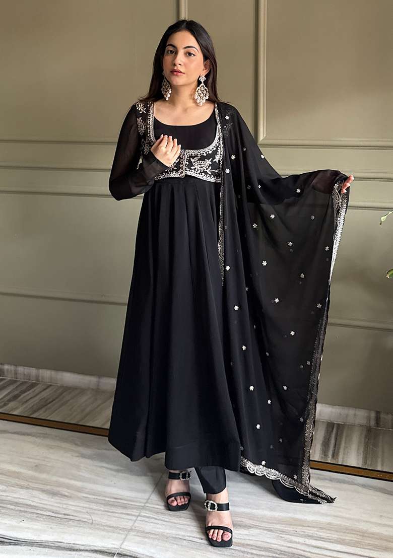 Black Embroidered Georgette Anarkali Set - Indya