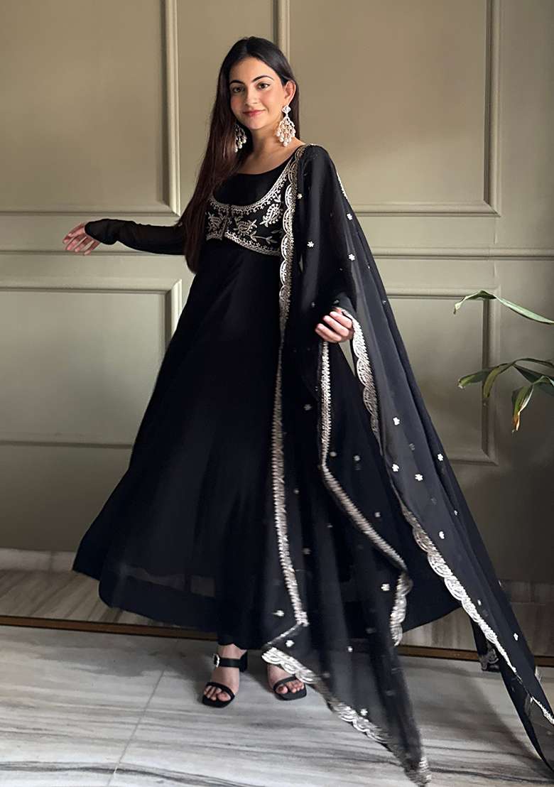 Black Embroidered Georgette Anarkali Set - Indya