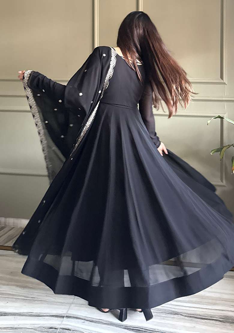 Black Embroidered Georgette Anarkali Set - Indya