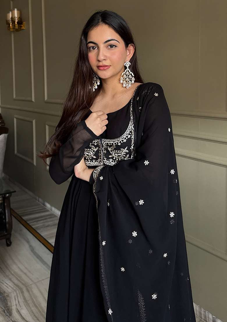 Black Embroidered Georgette Anarkali Set - Indya