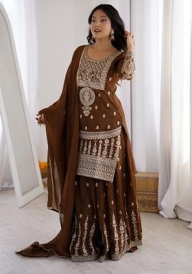 Brown Embroidered Silk Blend Sharara Set